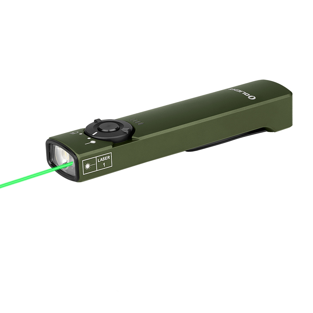 Olight Arkfeld OD Green angled view – 1,000 lumen flat EDC flashlight with white LED and green laser