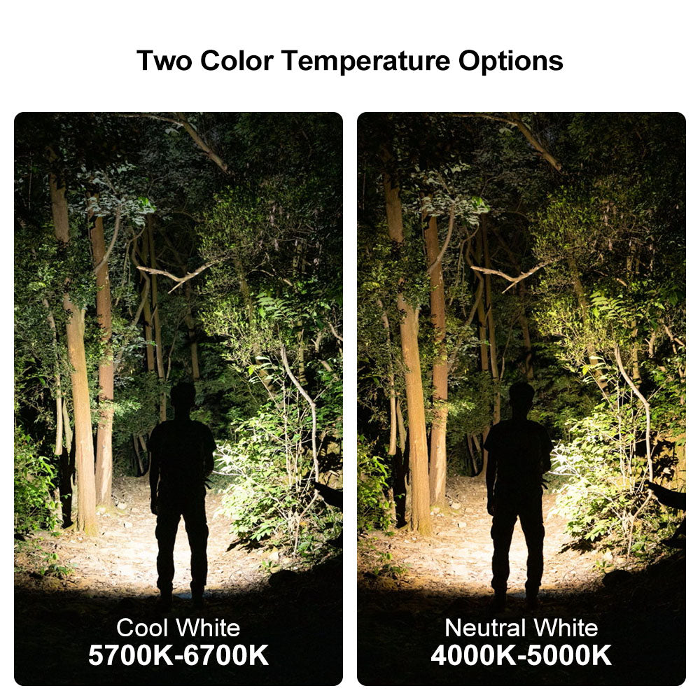 Olight Arkfeld OD Green colour temperature options – cool white 5700K-6700K and neutral white 4000K-5000K beam comparison