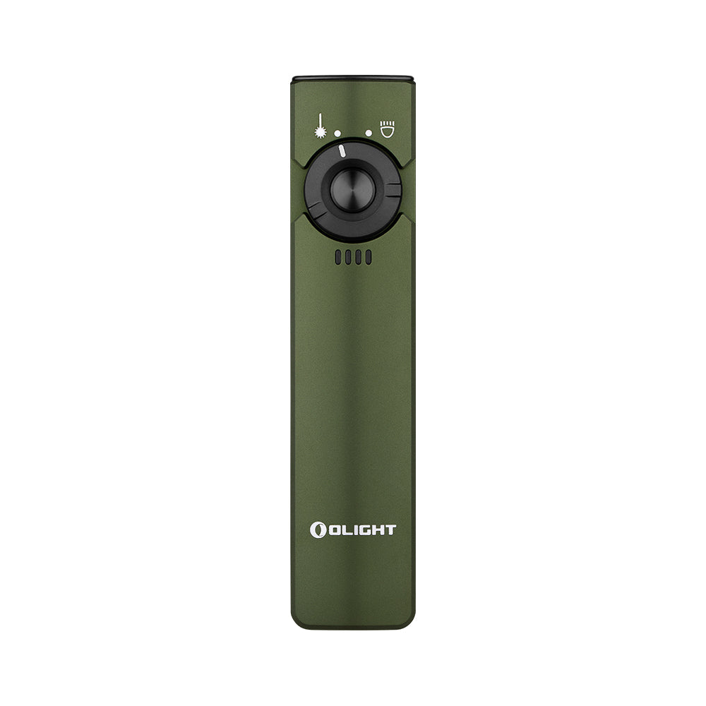 Olight Arkfeld OD Green front view showing the rotary selector, center button and battery indicator