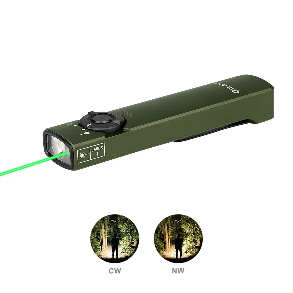 Olight Arkfeld OD Green projecting its green laser, with cool white and neutral white beam samples