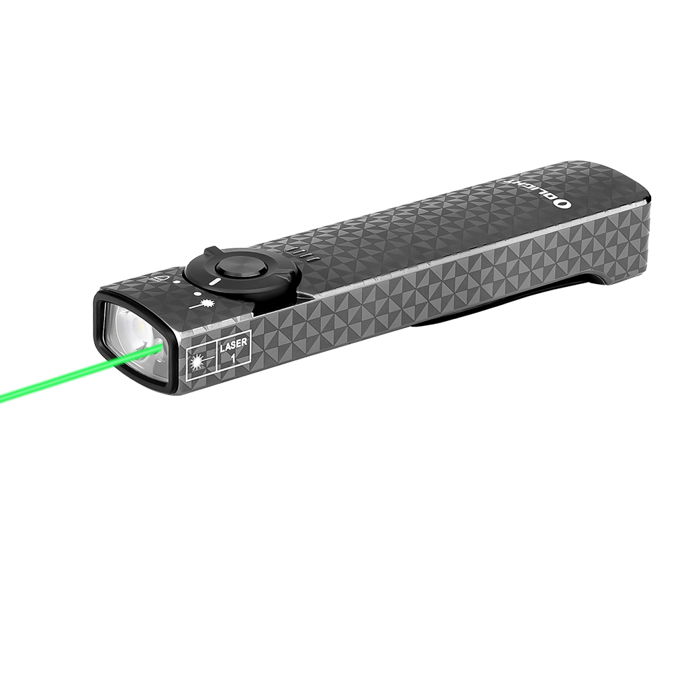 Olight Arkfeld Pinwheel Gunmetal Gray angled view – 1,000 lumen flat EDC flashlight with white LED and green laser