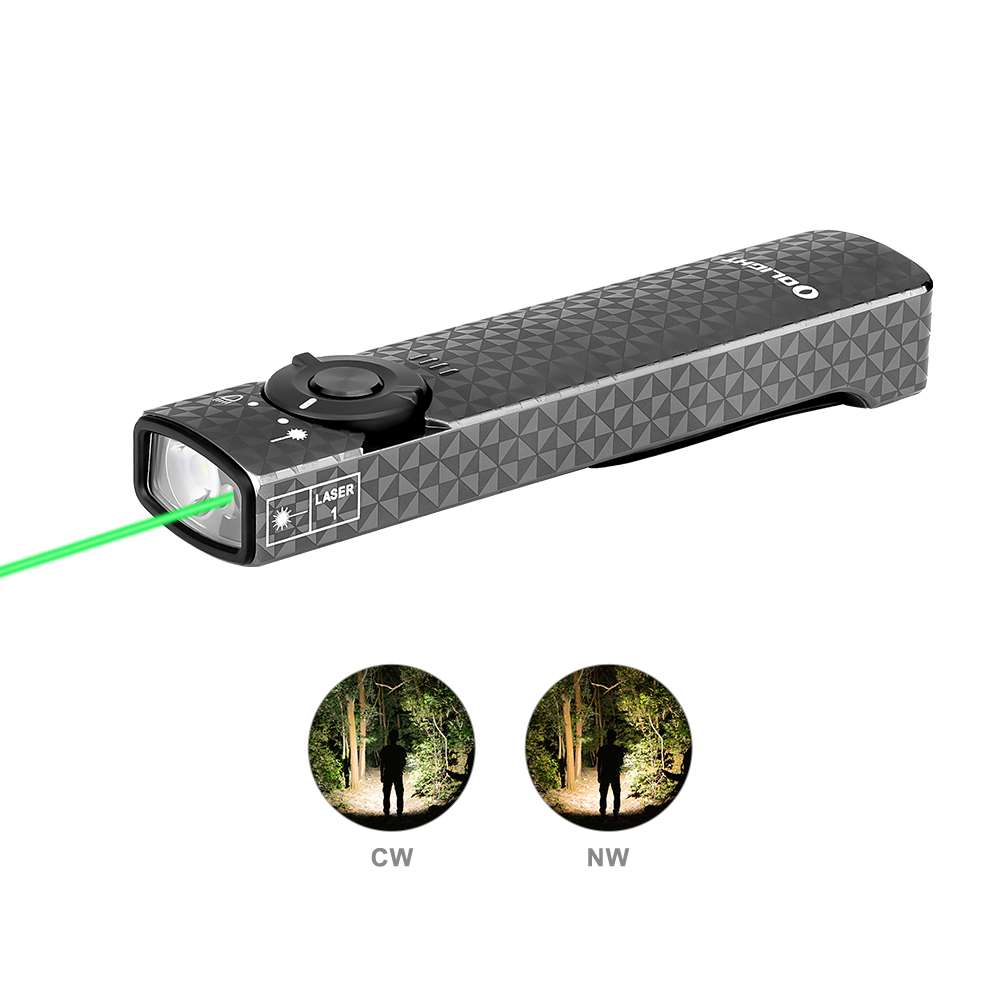 Olight Arkfeld Pinwheel Gunmetal Gray projecting its green laser, with cool white and neutral white beam samples