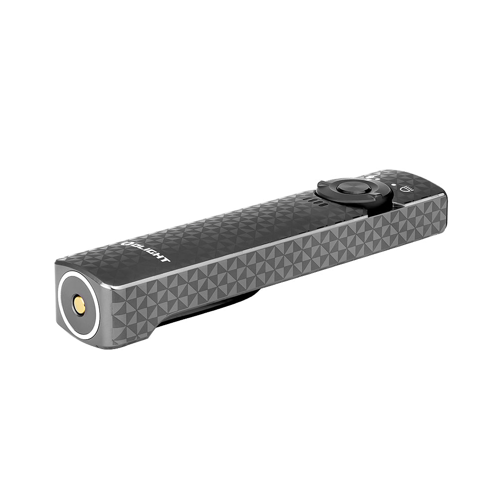 Olight Arkfeld Pinwheel Gunmetal Gray showing the engraved pinwheel pattern and TIR lens