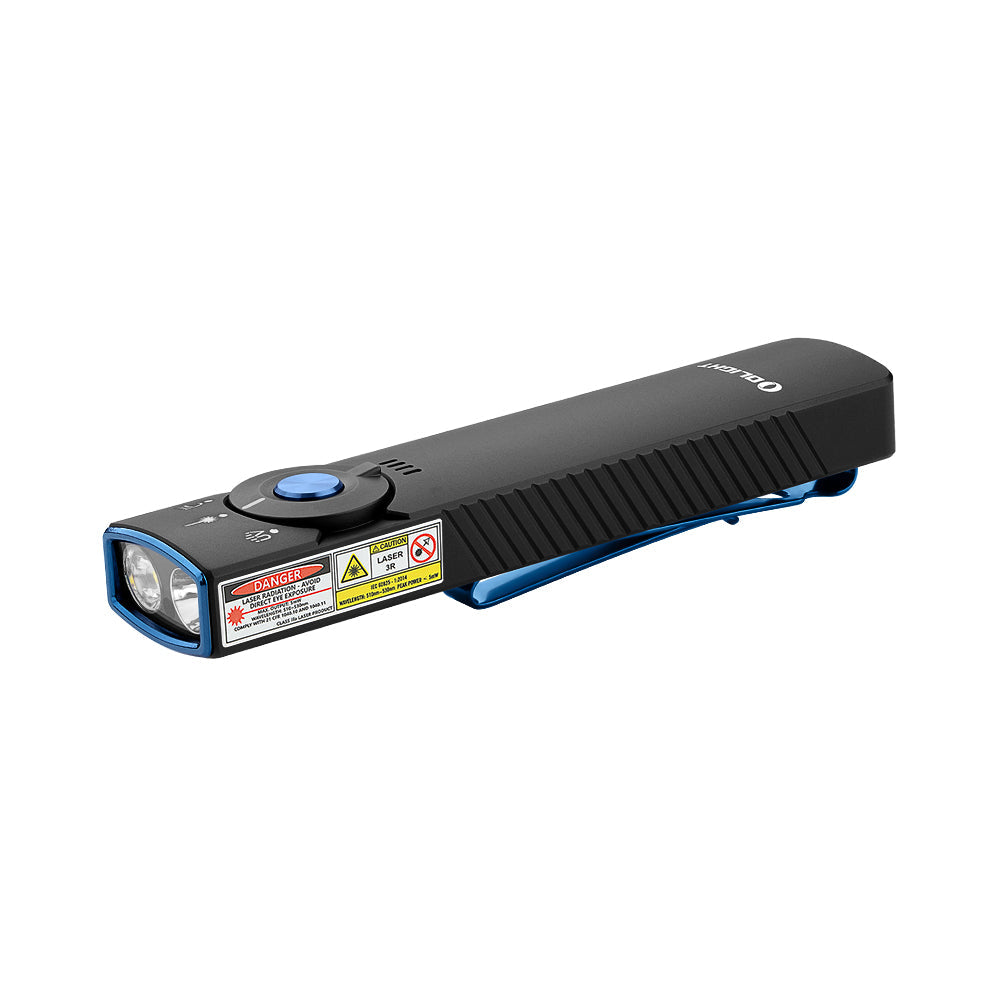 Olight Arkfeld Pro Black angled view showing the TIR lens, UV LED and flat unibody design