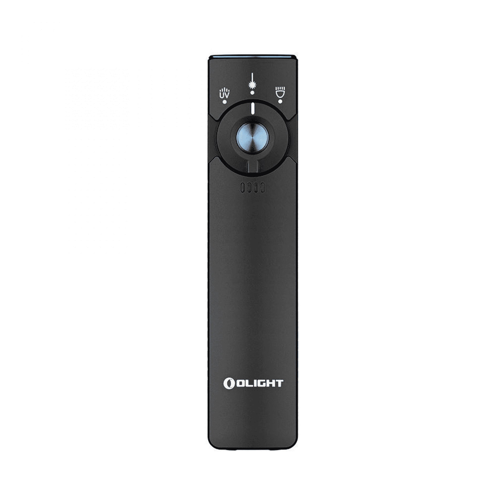 Olight Arkfeld Pro Black front view – 1,300 lumen flat EDC flashlight with rotary selector and battery indicator