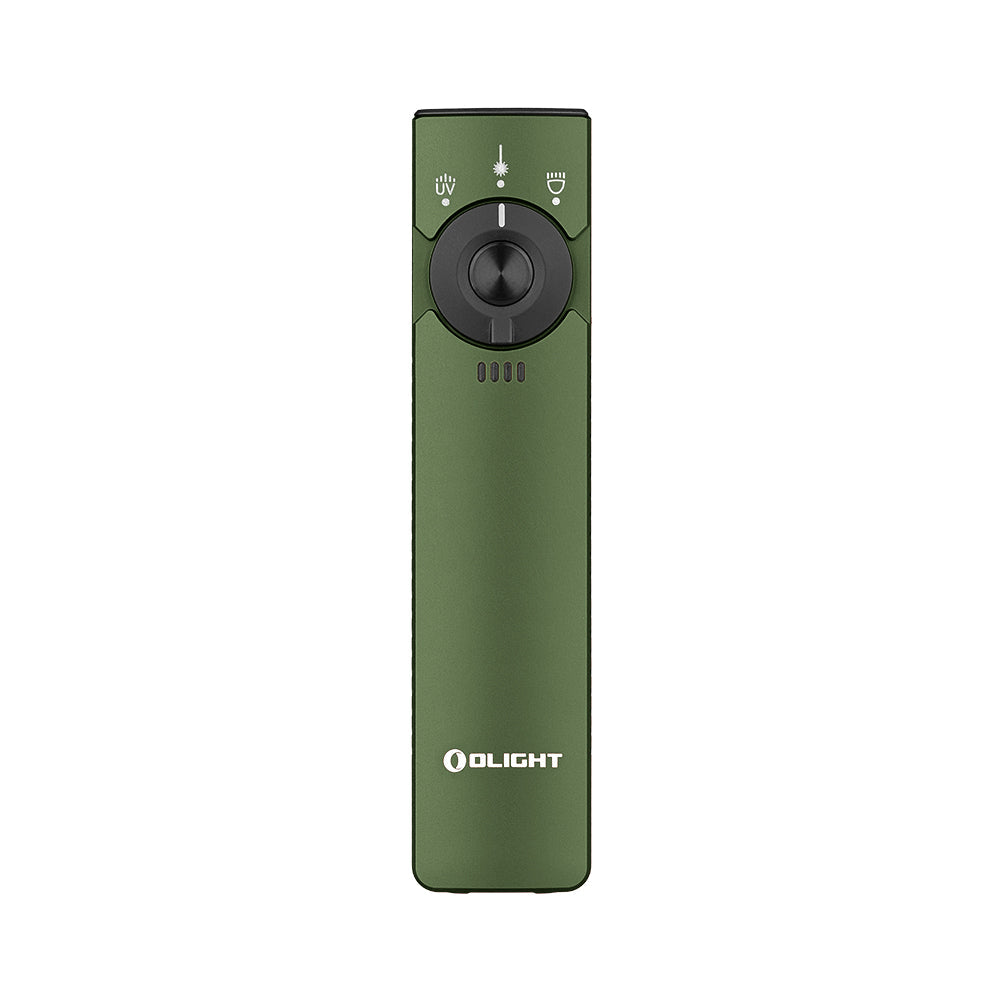 Olight Arkfeld Pro OD Green front view – 1,300 lumen flat EDC flashlight with rotary selector and battery indicator