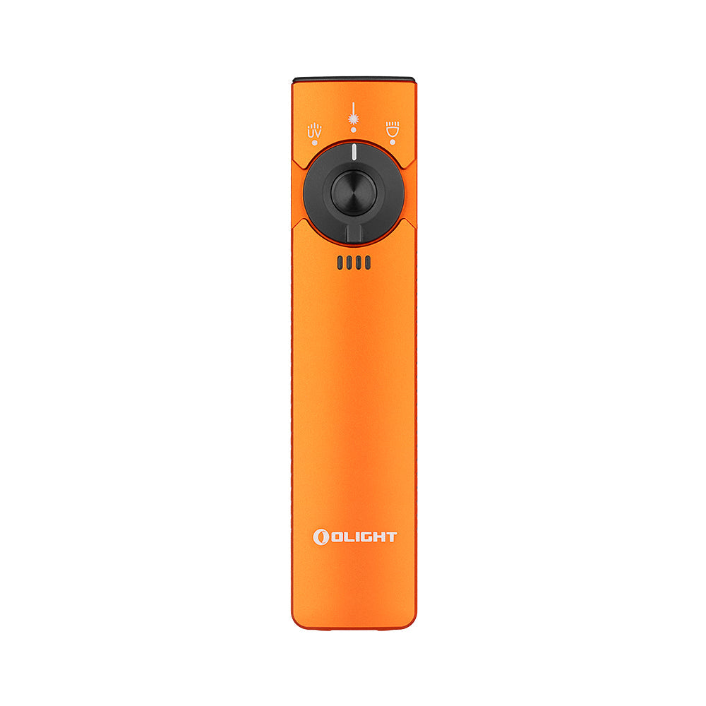 Olight Arkfeld Pro Orange front view – 1,300 lumen flat EDC flashlight with rotary selector and battery indicator