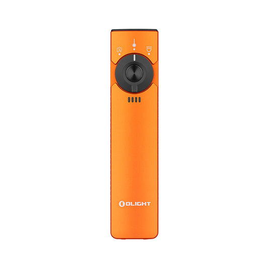 Olight Arkfeld Pro Orange front view – 1,300 lumen flat EDC flashlight with rotary selector and battery indicator