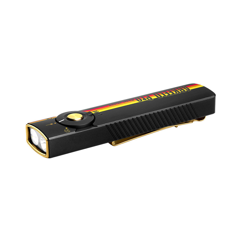 Olight Arkfeld Pro Racing Stripes angled view showing the TIR lens, UV LED and rotary selector