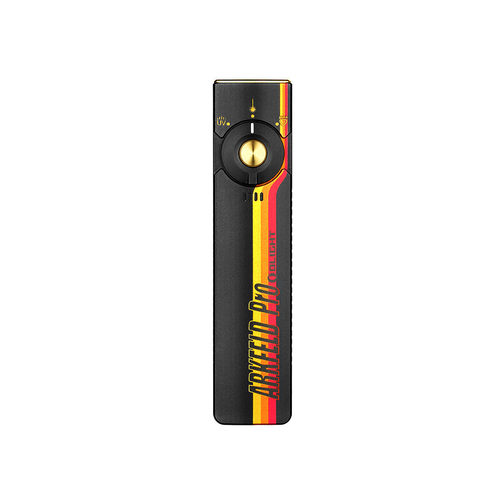 Olight Arkfeld Pro Racing Stripes front view – 1,300 lumen flat EDC flashlight with racing stripe finish