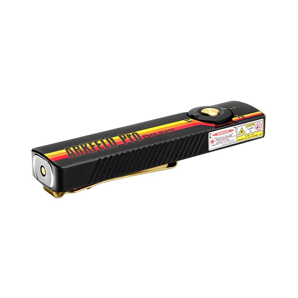 Olight Arkfeld Pro Racing Stripes side profile view showing the flat unibody and racing stripe pattern