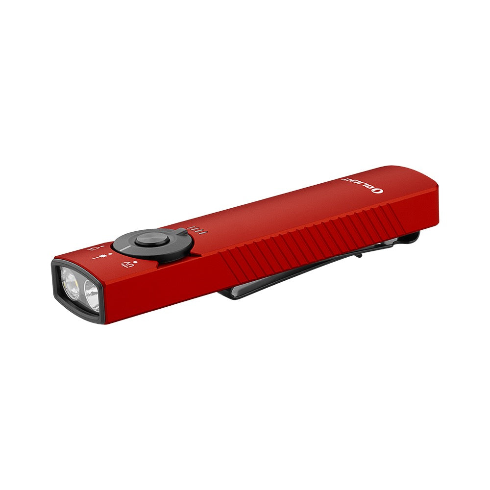 Olight Arkfeld Pro Red angled view showing the TIR lens, UV LED and flat unibody design