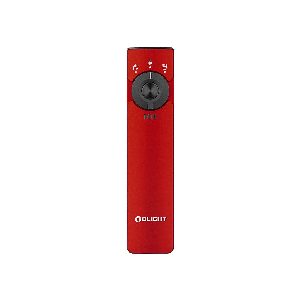Olight Arkfeld Pro Red front view – 1,300 lumen flat EDC flashlight with rotary selector and battery indicator