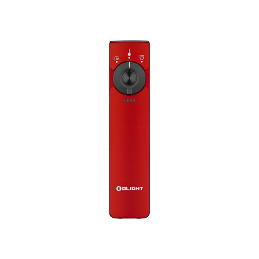 Olight Arkfeld Pro Red front view – 1,300 lumen flat EDC flashlight with rotary selector and battery indicator