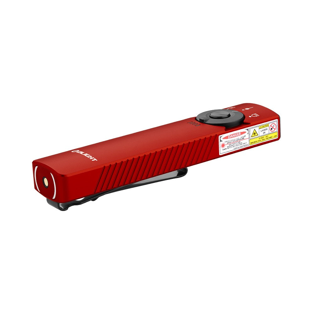 Olight Arkfeld Pro Red side profile view showing the flat unibody and pocket clip