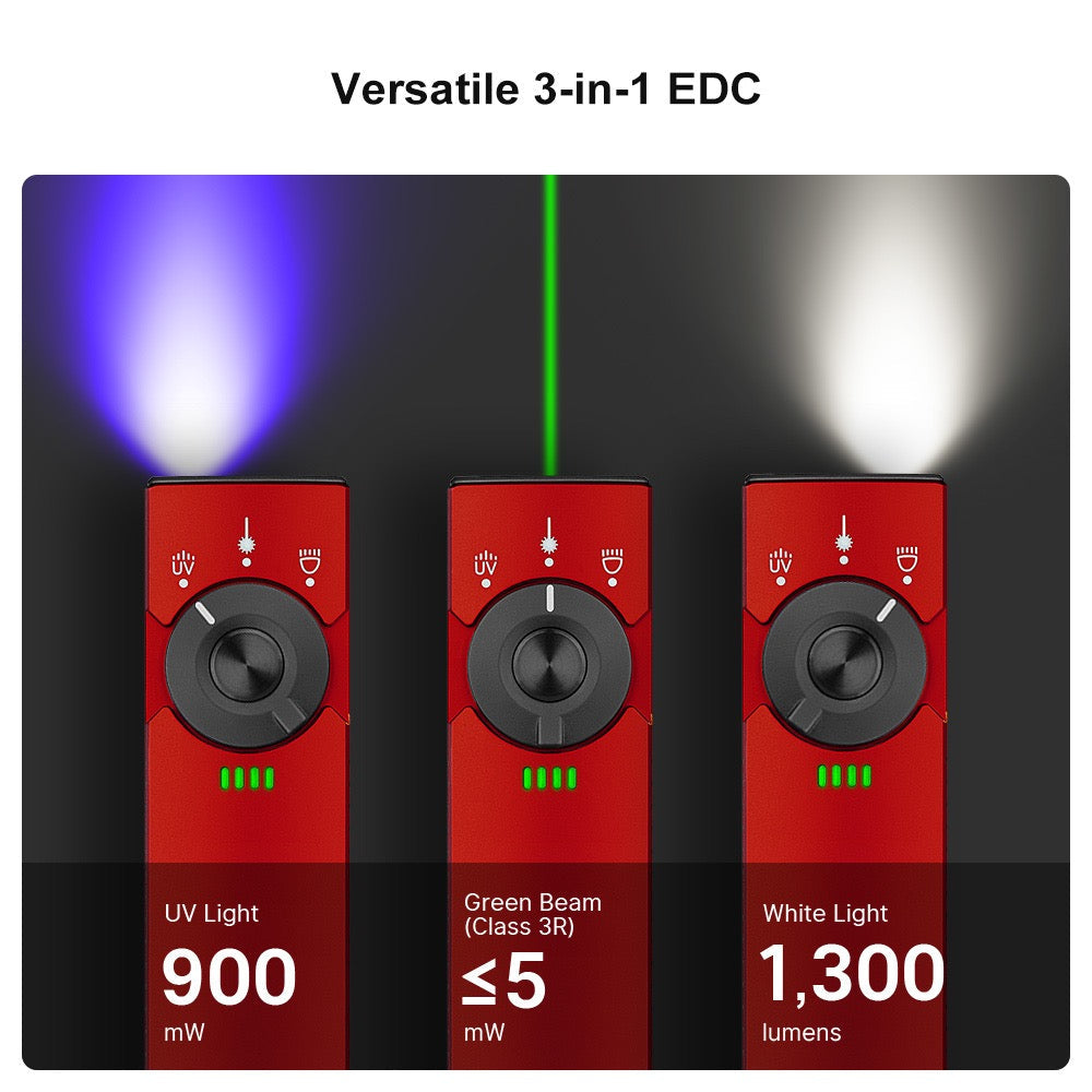 Olight Arkfeld Pro Red versatile 3-in-1 EDC – 900 mW UV light, Class 3R green beam under 5 mW and 1,300 lumen white light