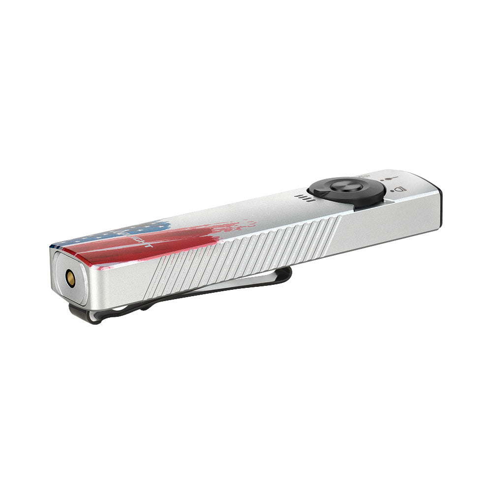 Olight Arkfeld Pro Flat EDC Flashlight – Stars & Stripes Edition | 1,300 Lm White + UV + Green Laser