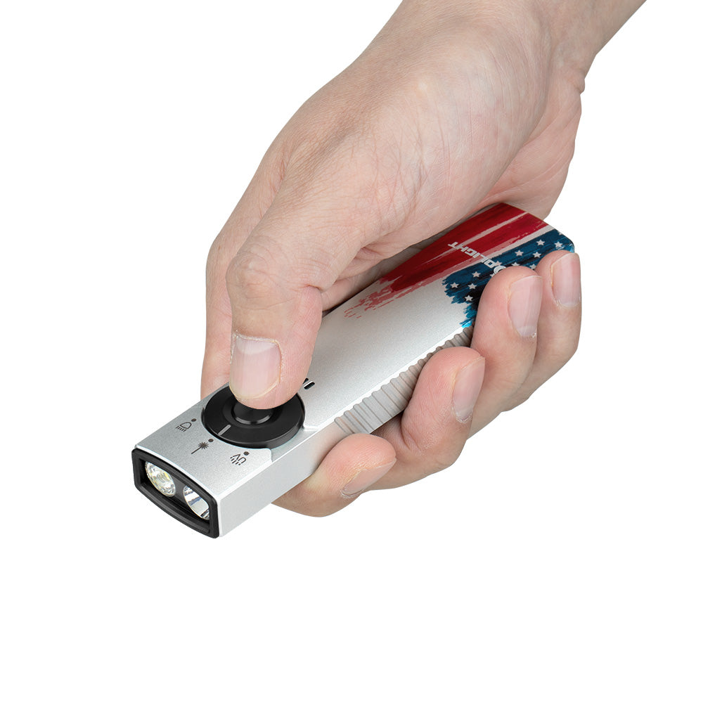 Olight Arkfeld Pro Flat EDC Flashlight – Stars & Stripes Edition | 1,300 Lm White + UV + Green Laser