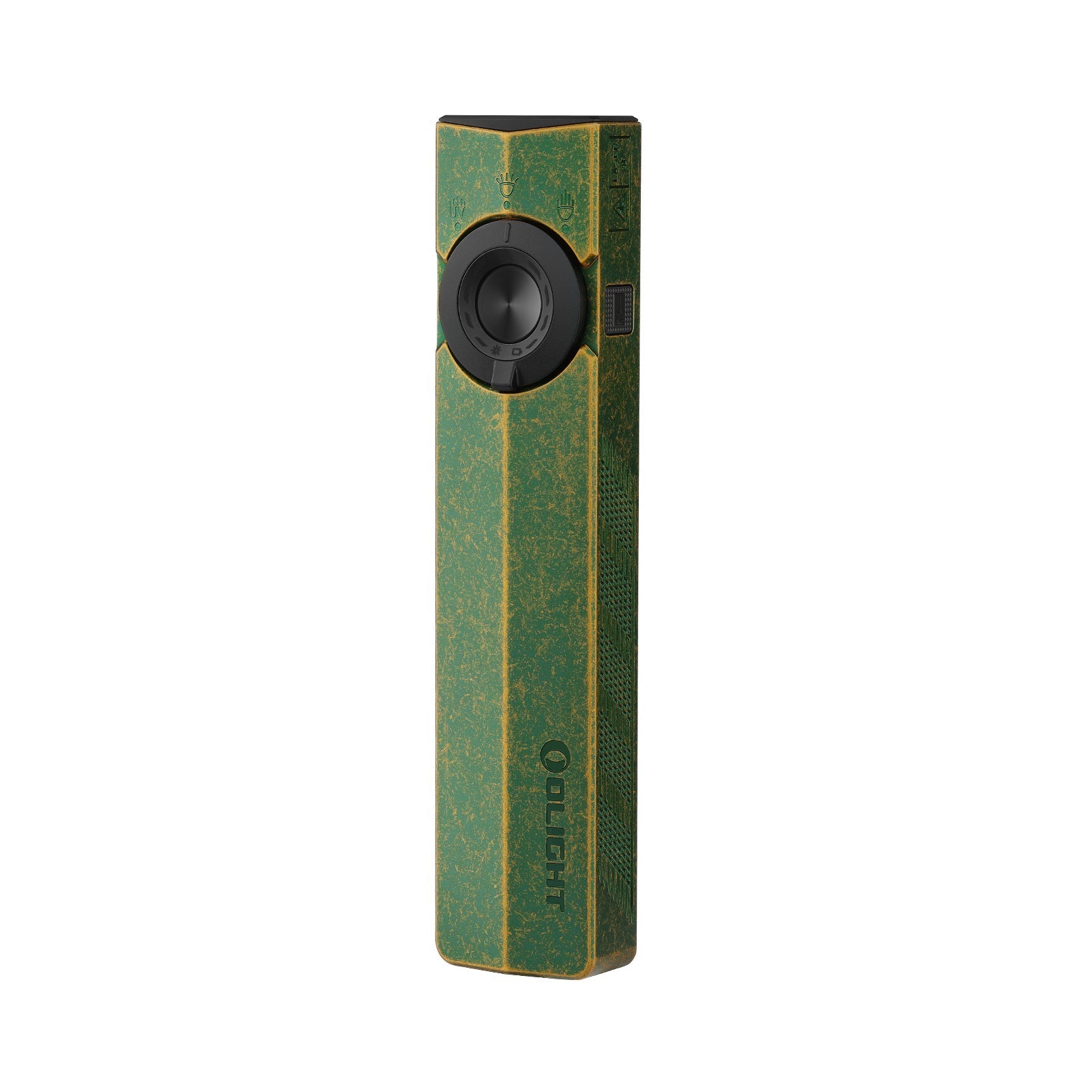 Olight ArkPro C.O.R.E. Antique Green front view – 1500 lumen flat EDC flashlight with stone-washed antique green and gold finish