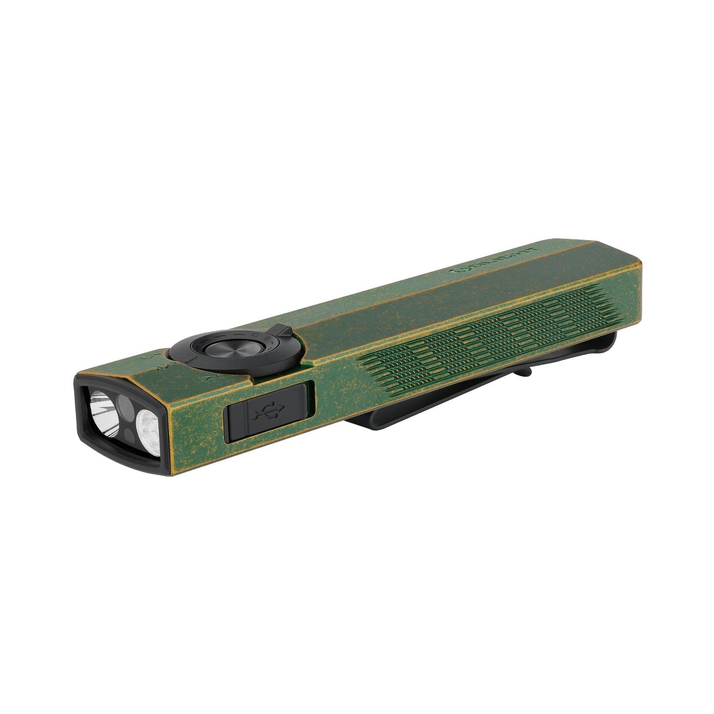 Olight ArkPro C.O.R.E. Antique Green light source detail – flood, spot, UV and green laser emitters