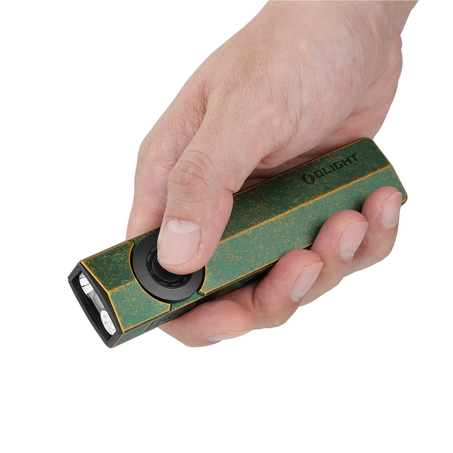 Olight ArkPro C.O.R.E. Antique Green size comparison held in hand showing pocketable flat profile