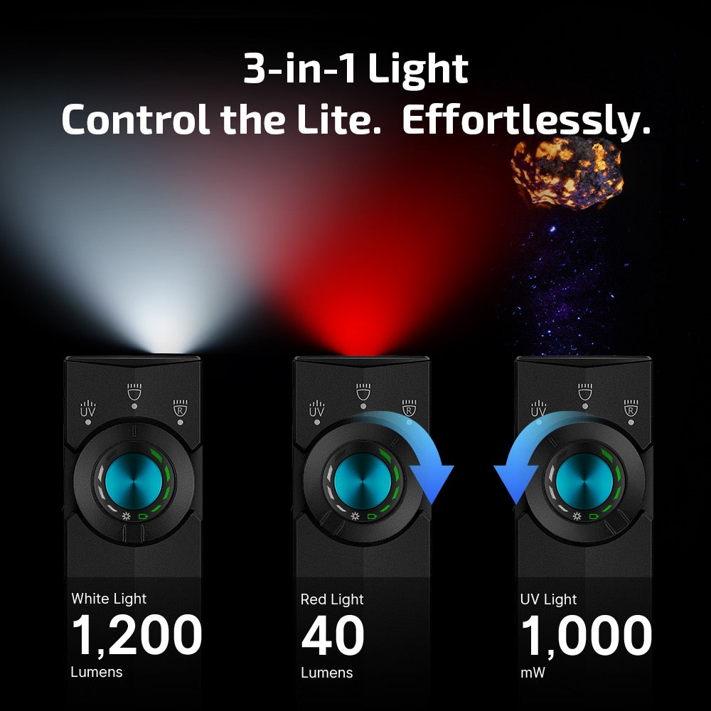 Olight ArkPro Lite 3-in-1 output – 1,200 lumen white light, 40 lumen red light and 1,000 mW UV light