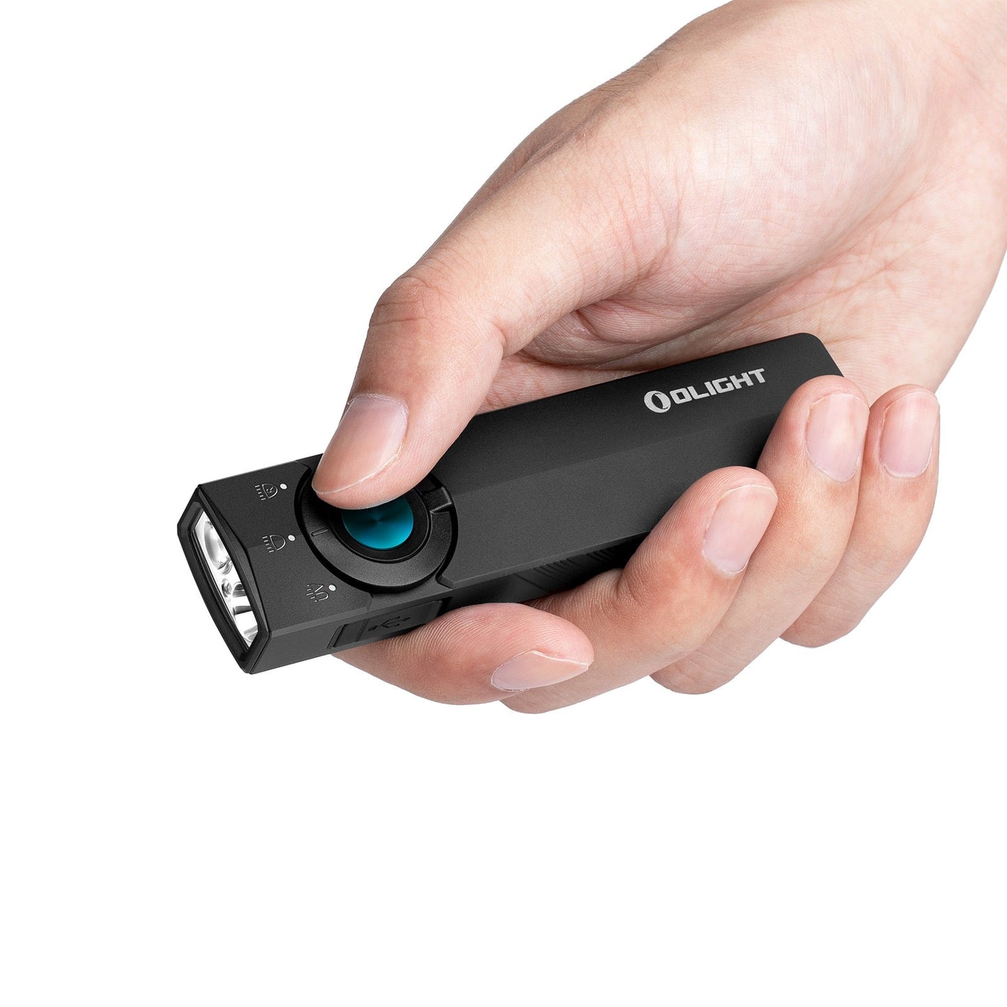 Olight ArkPro Lite held in hand showing its flat EDC profile and thumb-reach selector