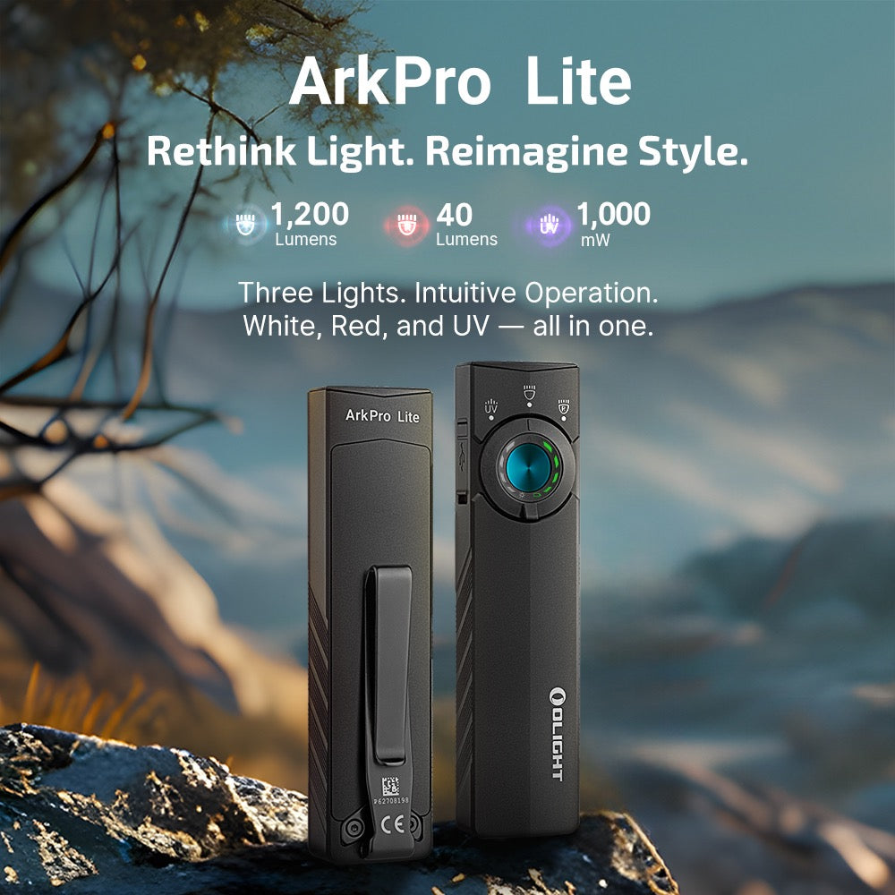 Olight ArkPro Lite three lights in one – 1,200 lumen white, 40 lumen red and 1,000 mW UV with intuitive operation