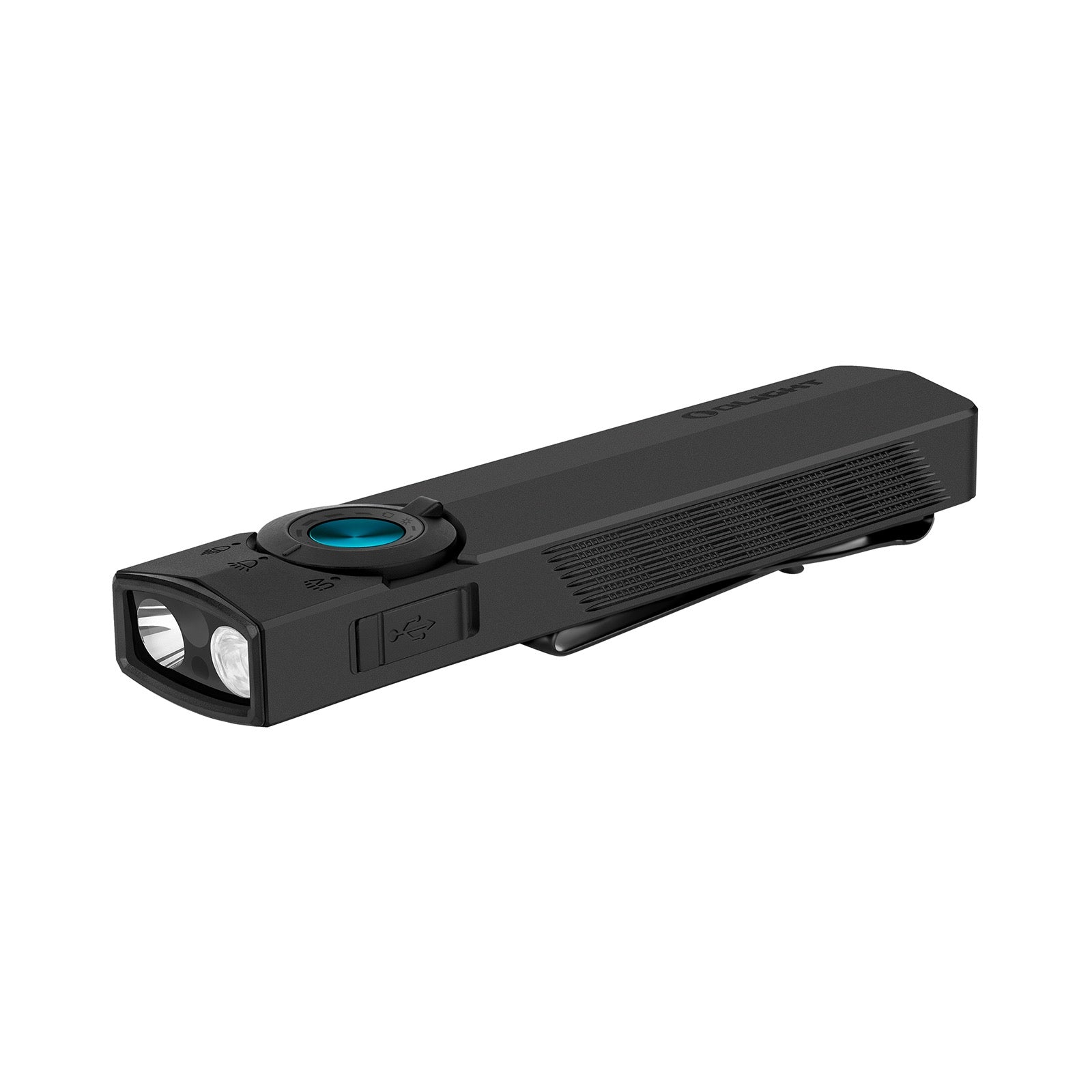 Olight ArkPro Matte Black angled view – 1,500 lumen flat unibody EDC flashlight with flood, spot, UV and green laser
