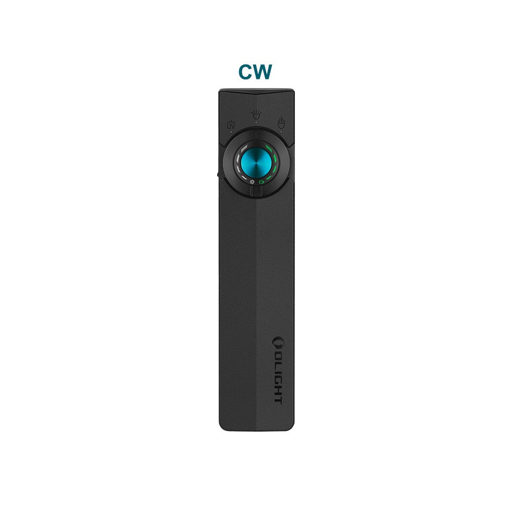 Olight ArkPro Matte Black Cool White front view showing the rotary selector and flat unibody design