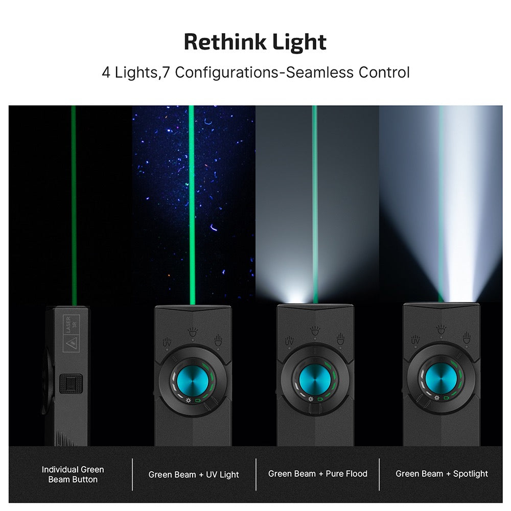 Olight ArkPro Matte Black four light sources and seven configurations – green beam, UV light, pure flood and spotlight combinations