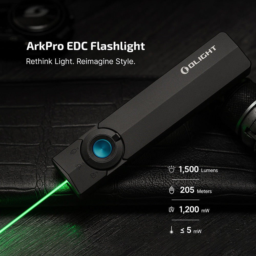 Olight ArkPro Matte Black projecting its green laser – 1,500 lumens, 205 meter throw, 1,200 mW UV, laser under 5 mW