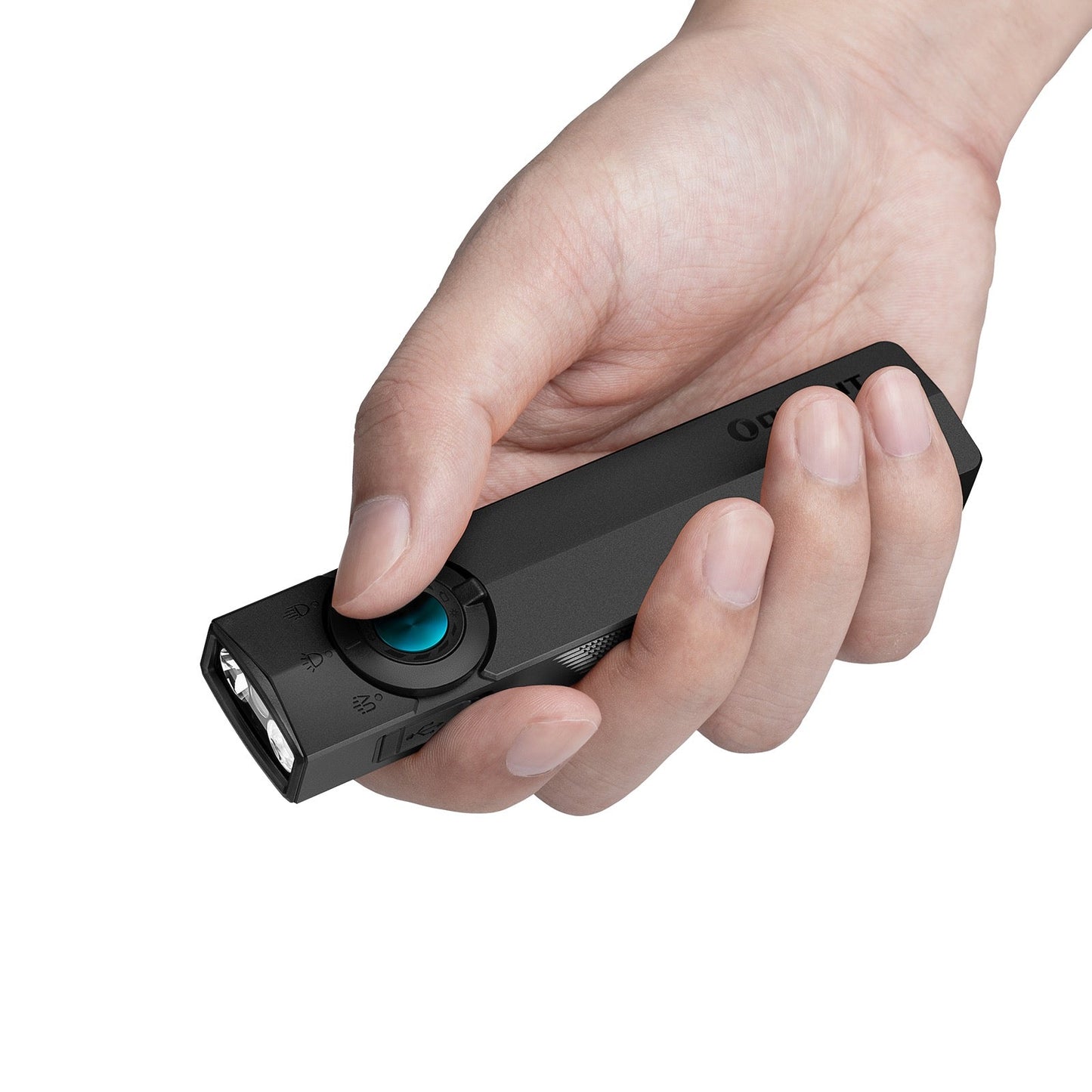 Olight ArkPro Matte Black held in hand showing its flat EDC profile and thumb-reach selector
