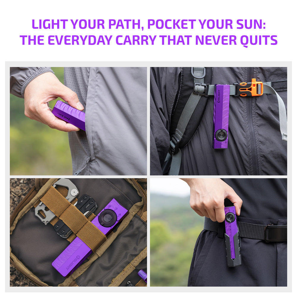 Olight ArkPro Nebula Violet carry options – pocket clip and backpack attachment for everyday carry