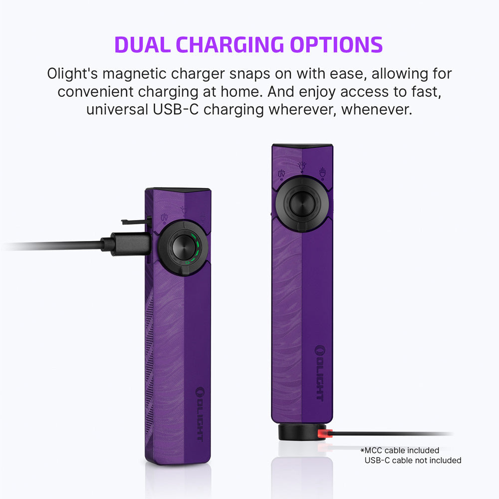 Olight ArkPro Nebula Violet dual charging – USB-C and Olight magnetic charging options