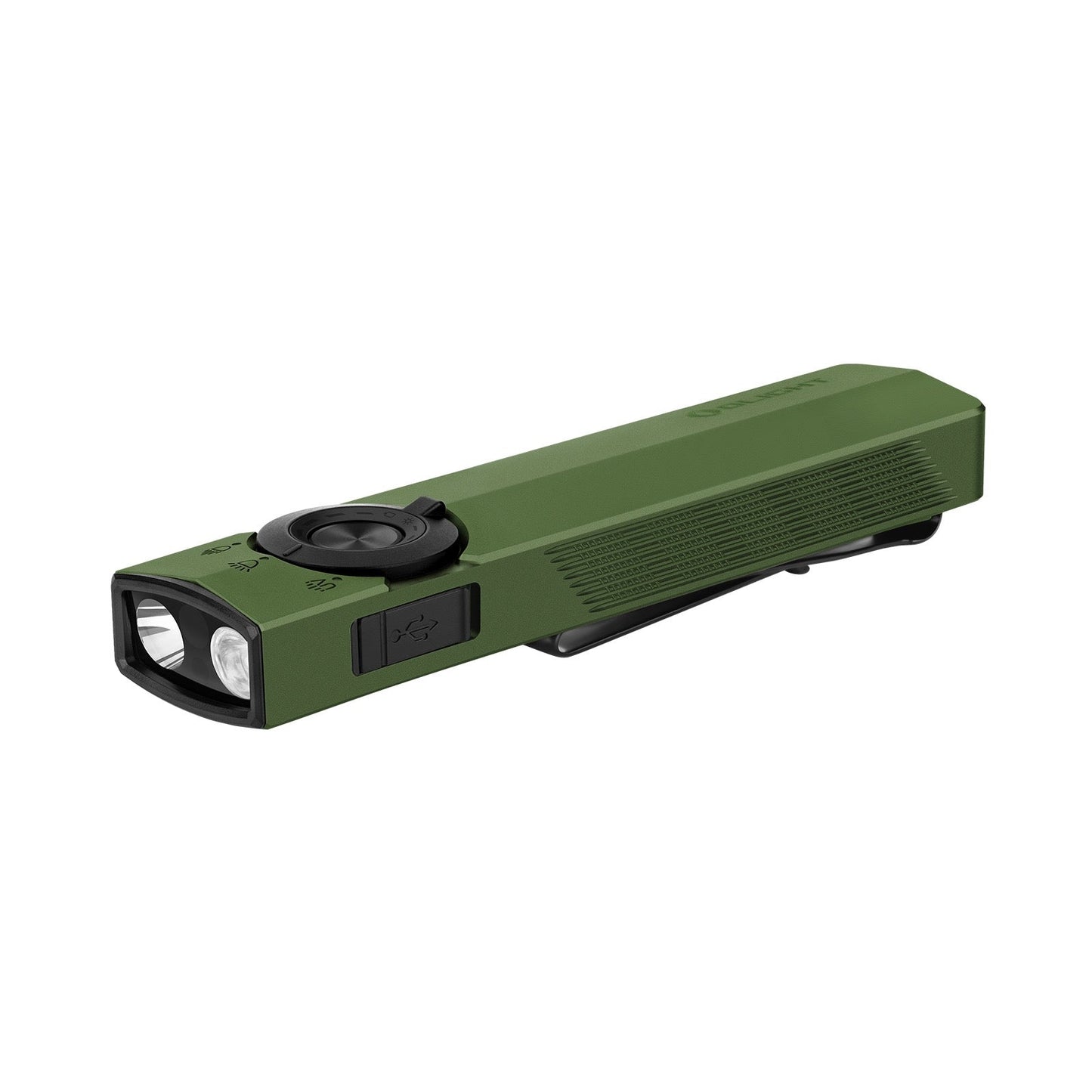 Olight ArkPro OD Green angled view – 1,500 lumen flat unibody EDC flashlight with flood, spot, UV and green laser