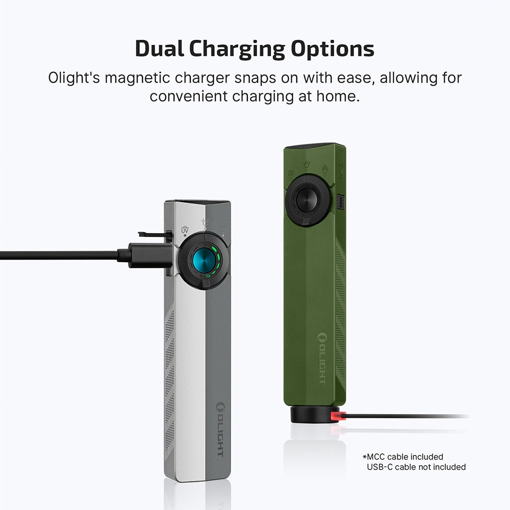 Olight ArkPro OD Green dual charging – magnetic MCC charger snaps on, plus USB-C charging