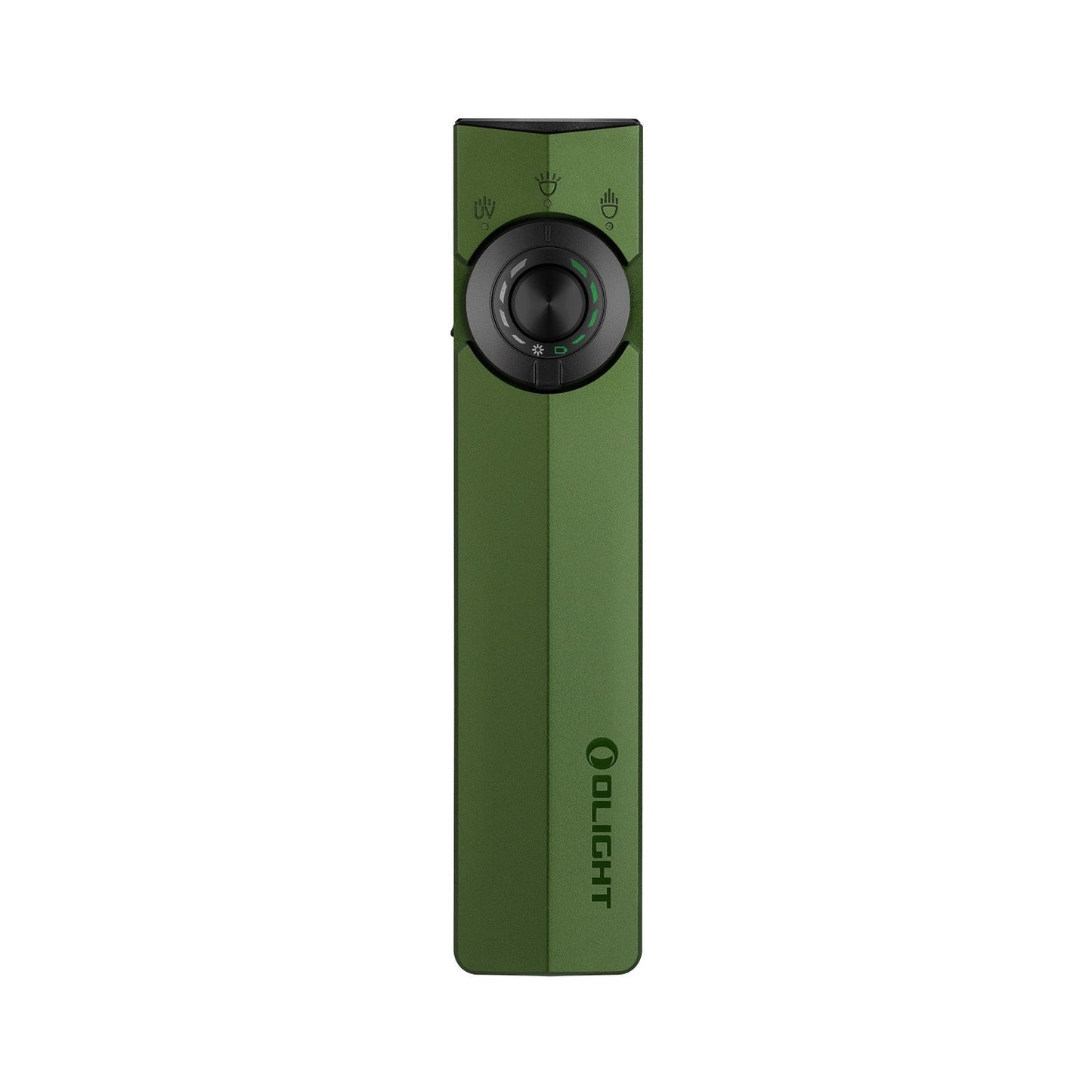 Olight ArkPro OD Green front view showing the rotary selector and flat unibody design