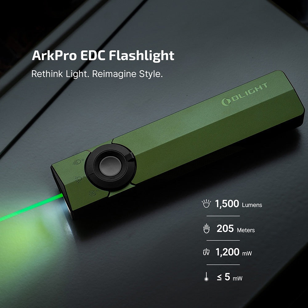 Olight ArkPro OD Green projecting its green laser – 1,500 lumens, 205 meter throw, 1,200 mW UV, laser under 5 mW
