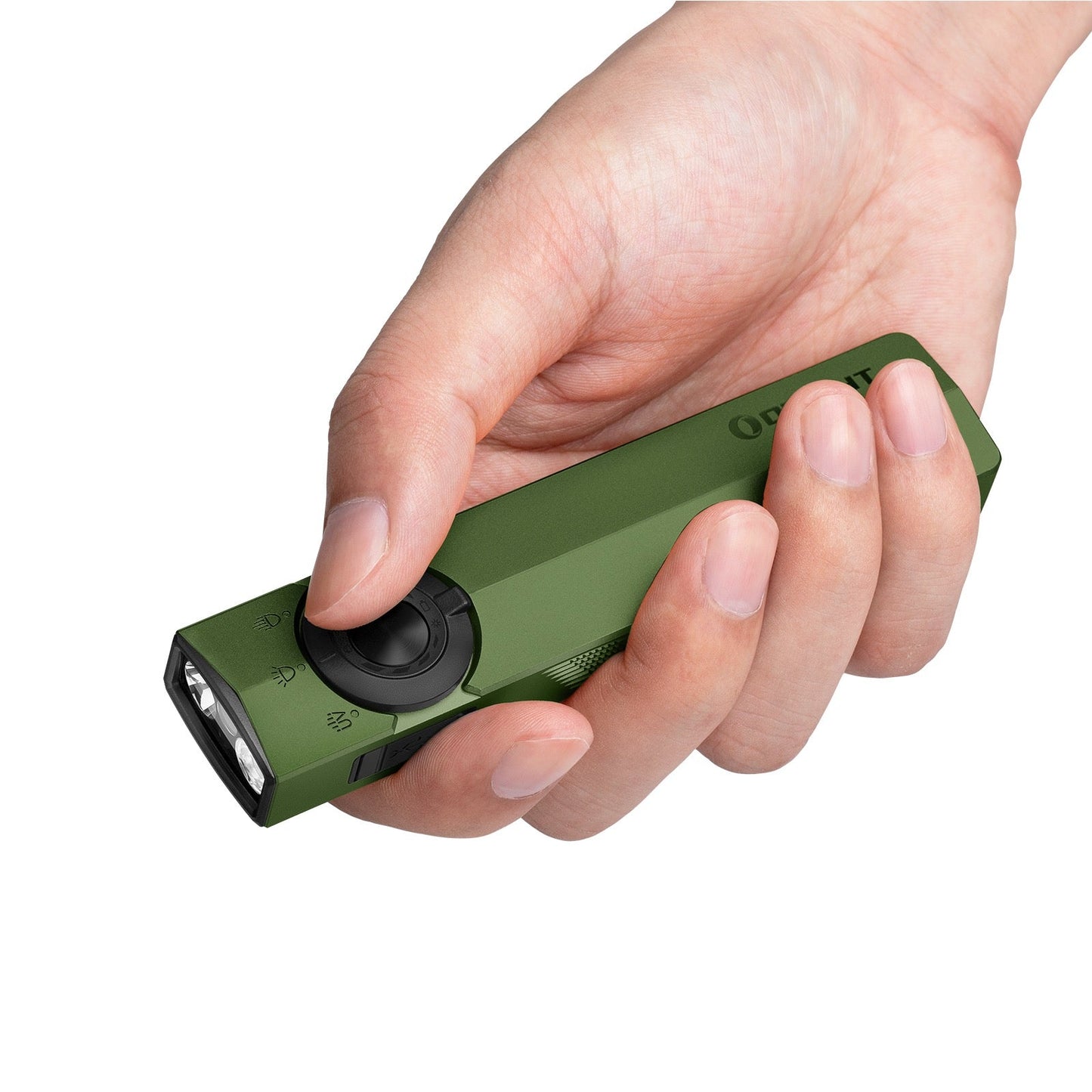 Olight ArkPro OD Green held in hand showing its flat EDC profile and thumb-reach selector