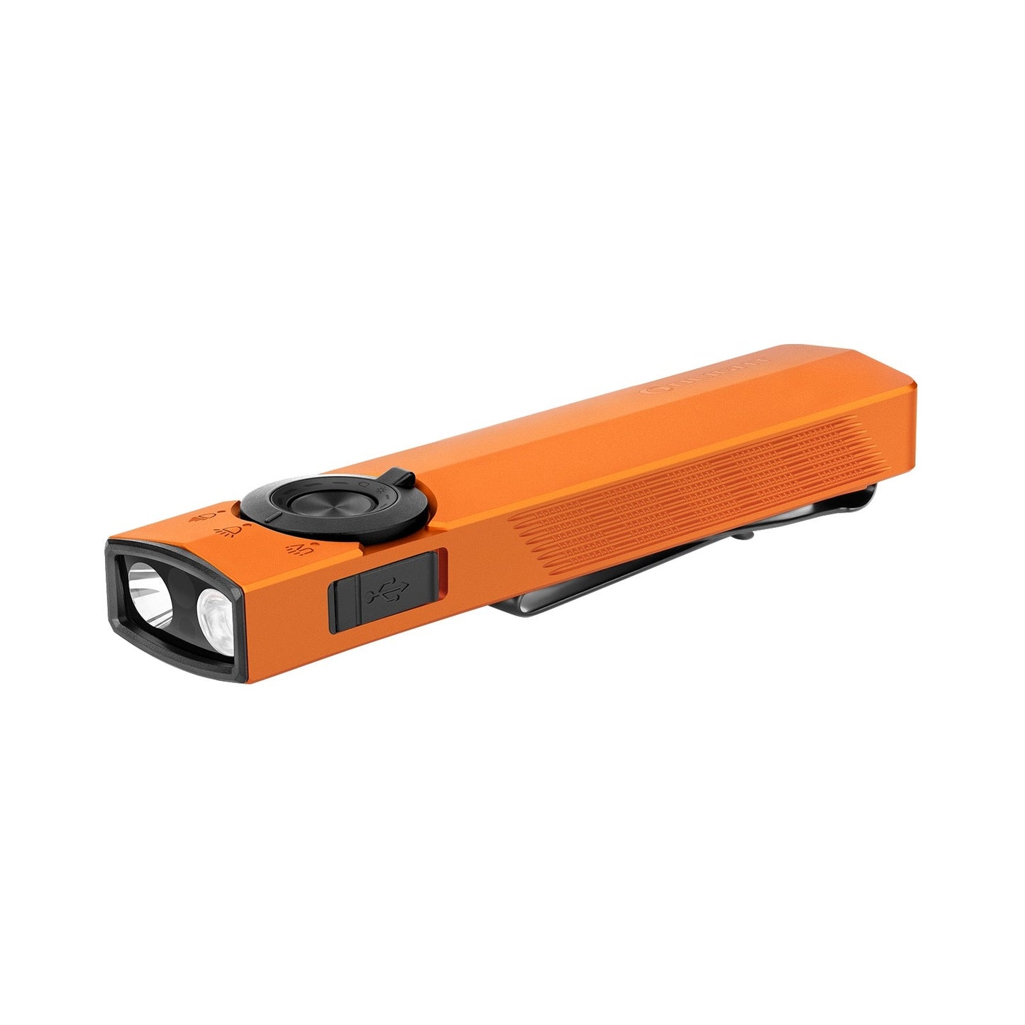 Olight ArkPro Orange angled view – 1,500 lumen flat unibody EDC flashlight with flood, spot, UV and green laser