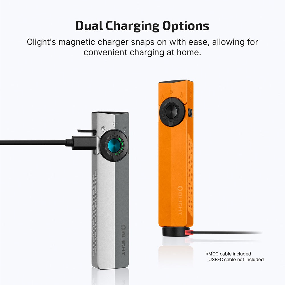 Olight ArkPro Orange dual charging – magnetic MCC charger snaps on, plus USB-C charging