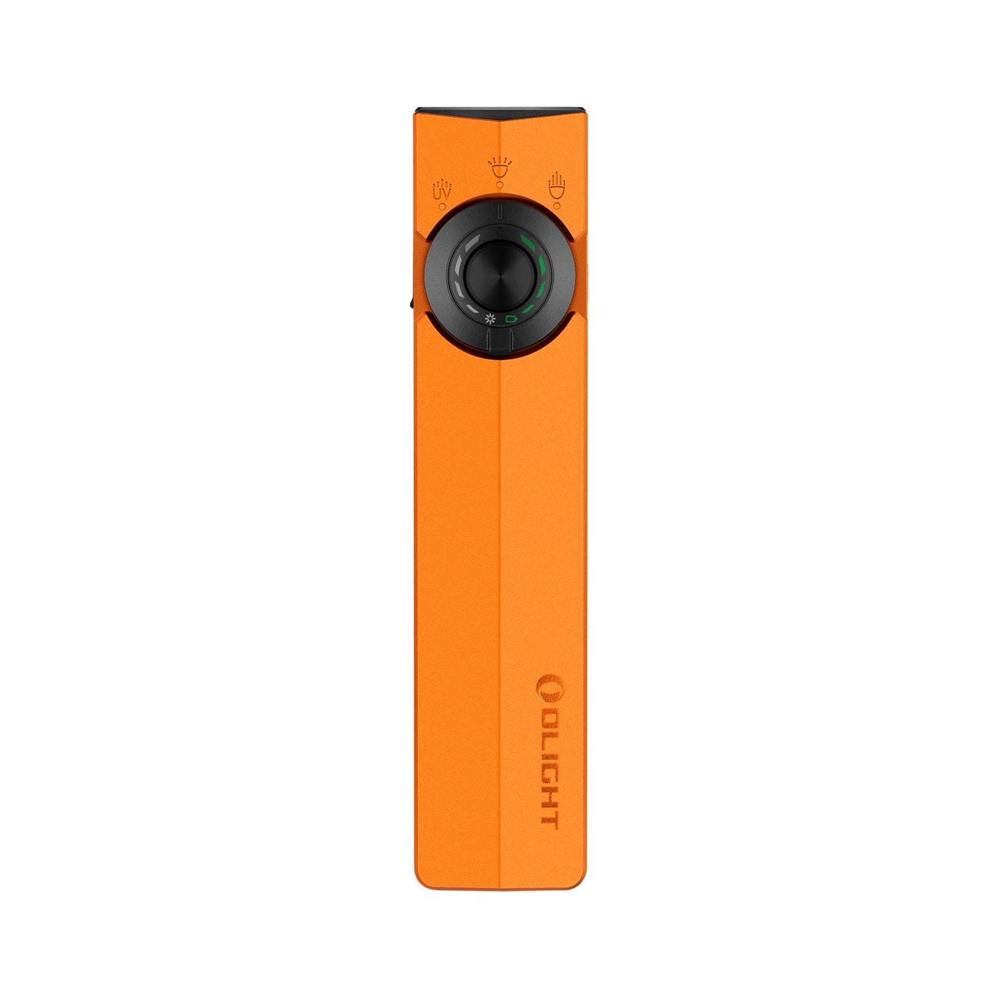 Olight ArkPro Orange front view showing the rotary selector and flat unibody design