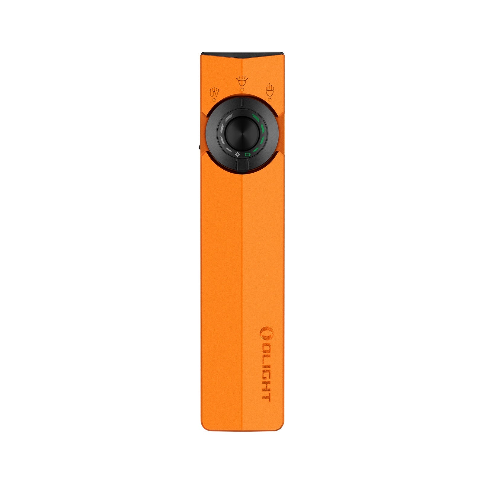Olight ArkPro Orange front view showing the rotary selector and flat unibody design