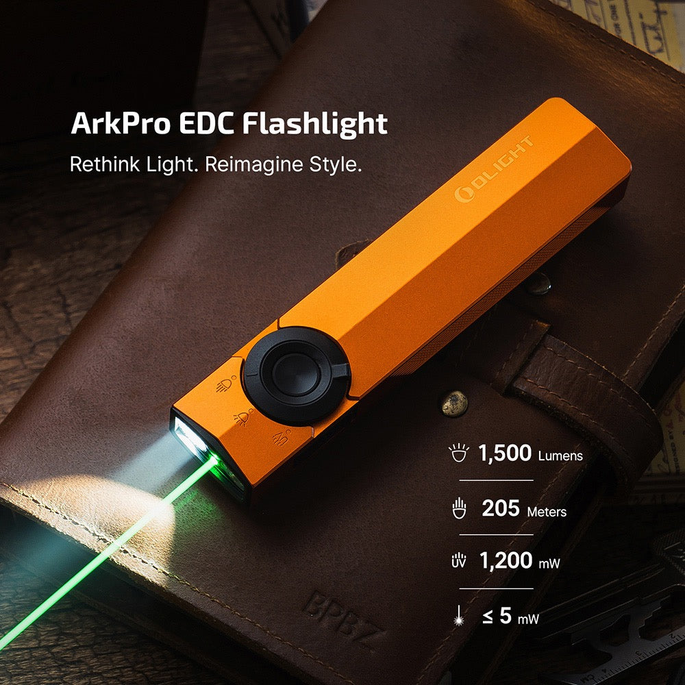 Olight ArkPro Orange projecting its green laser – 1,500 lumens, 205 meter throw, 1,200 mW UV, laser under 5 mW