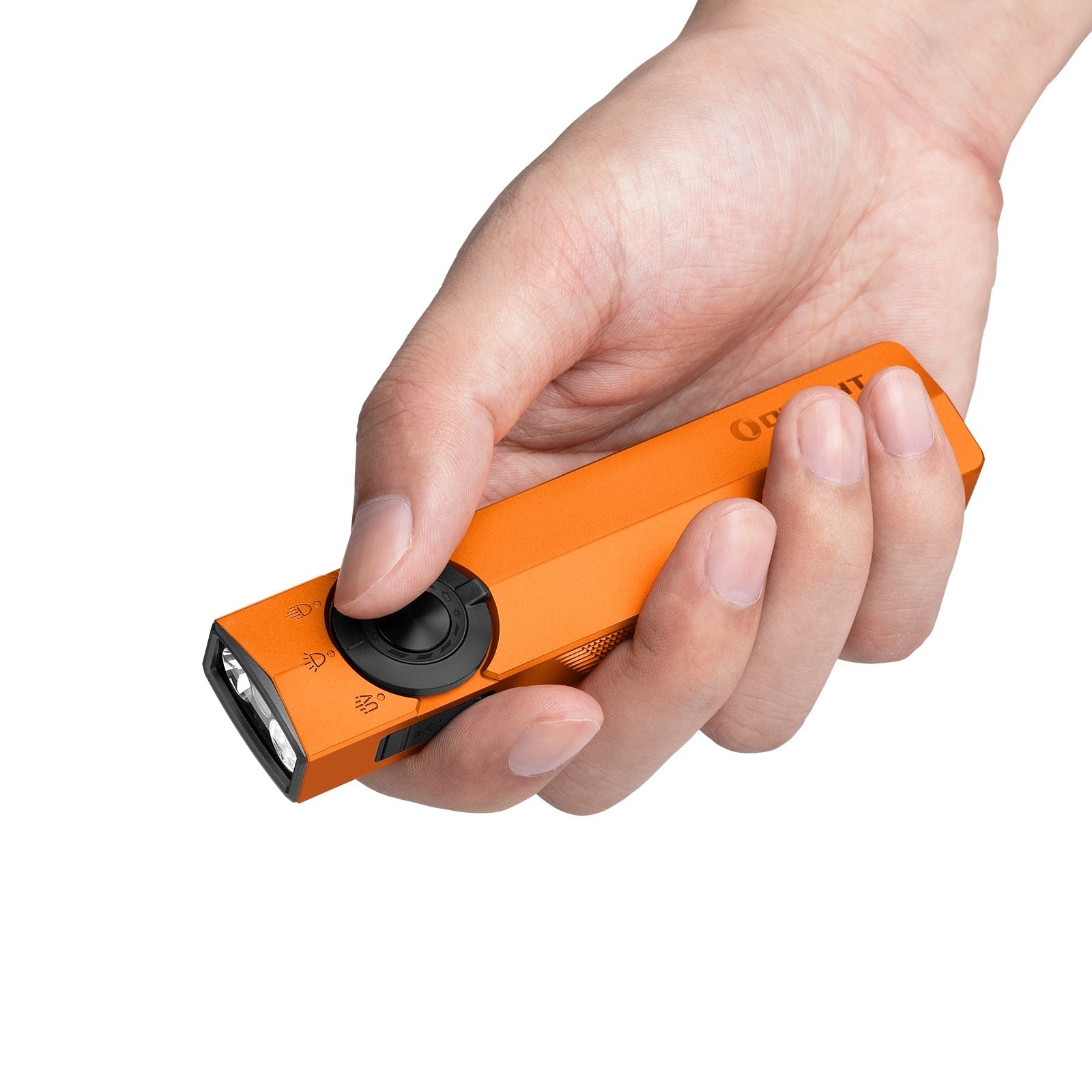 Olight ArkPro Orange held in hand showing its flat EDC profile and thumb-reach selector