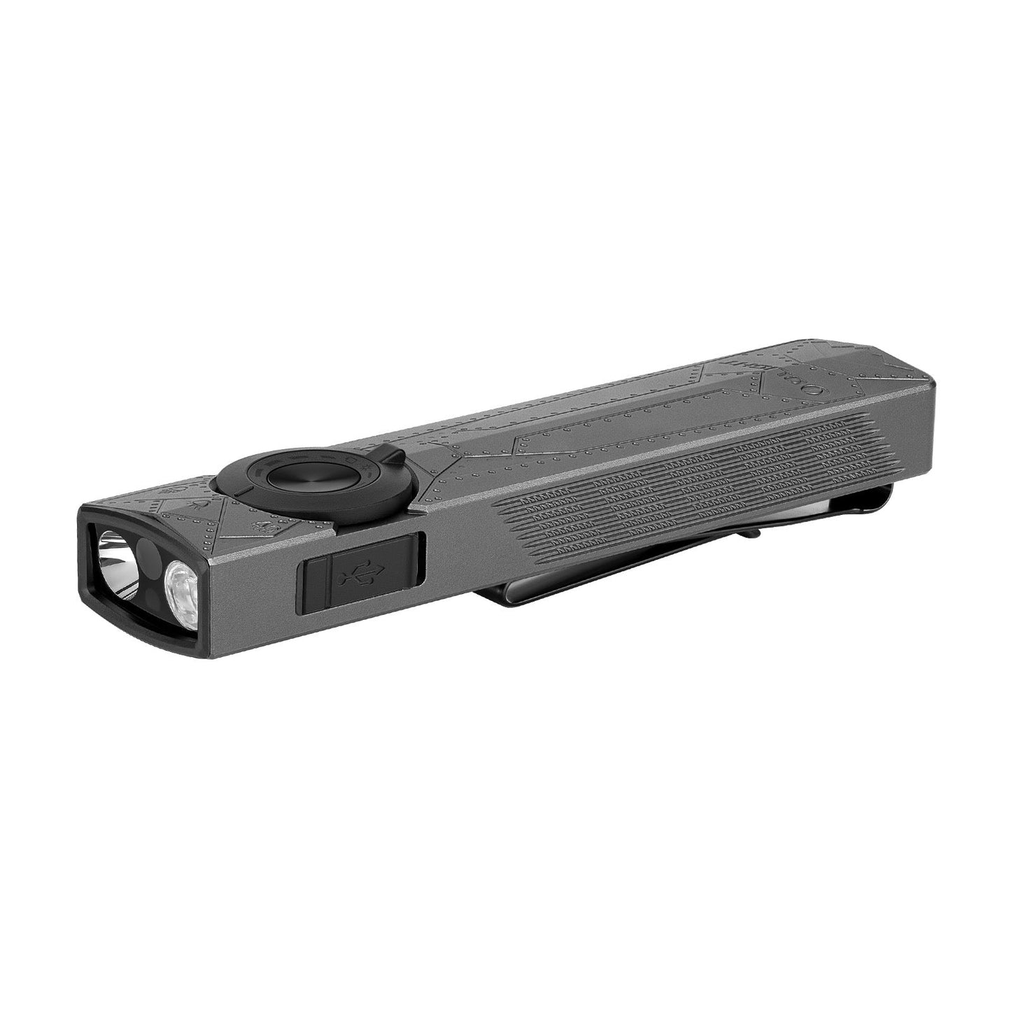 Olight ArkPro Phantom Squadron angled view – 1,500 lumen flat unibody EDC flashlight with flood, spot, UV and green laser