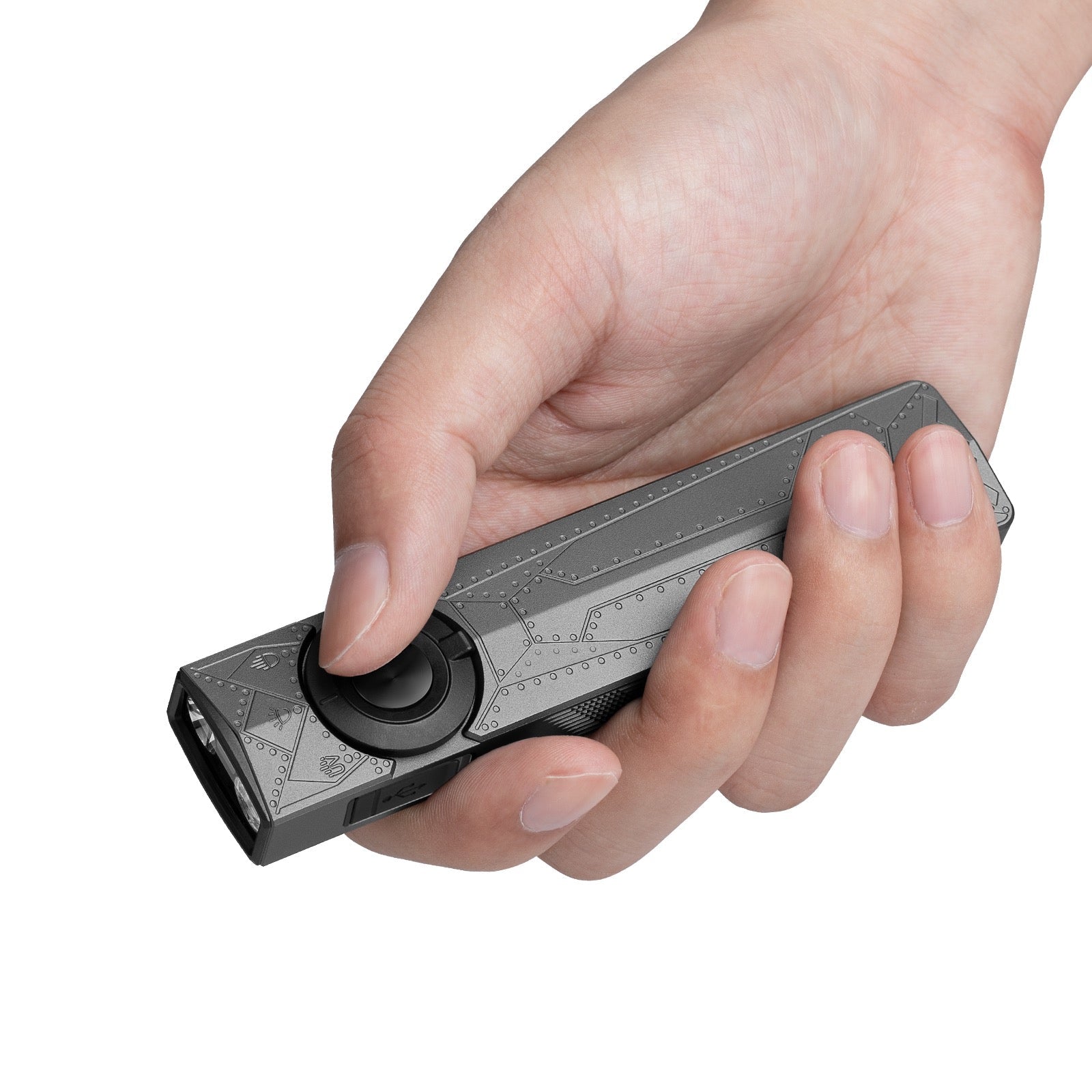Olight ArkPro Phantom Squadron held in hand showing its flat EDC profile and thumb-reach selector