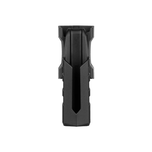 Black flashlight holster with belt clip and charging cable storage