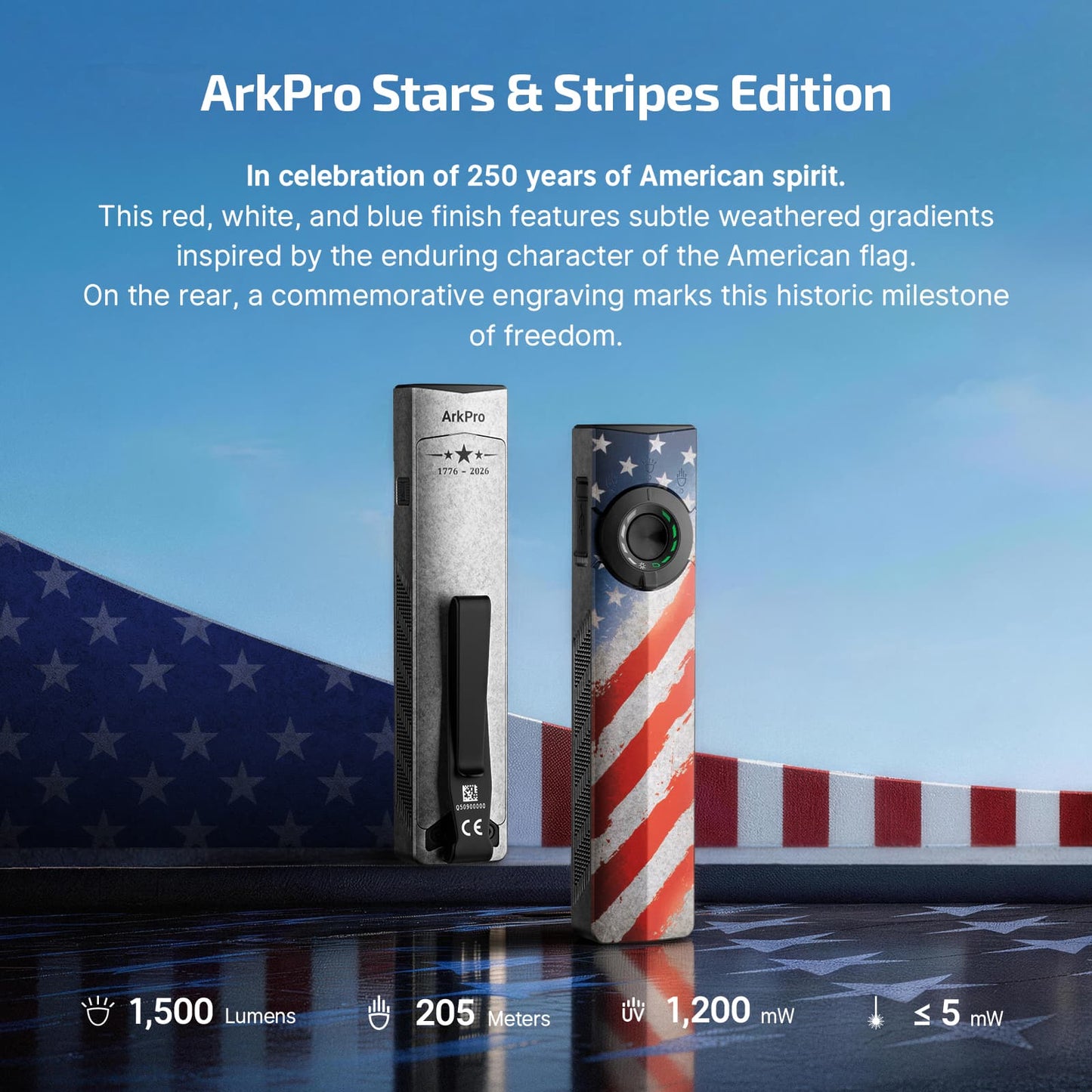 Olight ArkPro Stars & Stripes front and back views showing the flag pattern on both faces